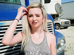 Blonde teen Lexi Lore sucks a fat cock on a truck stop and eats cum